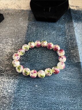 Porcelain Bead stretch Bracelet with Pink Floral Motif - Women Jewelry